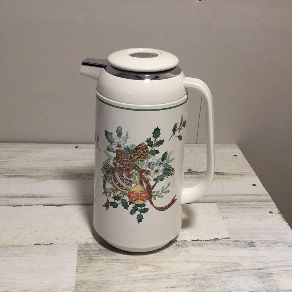 Festive Spirit white thermal carafe with Christmas ornaments ribbons & holly